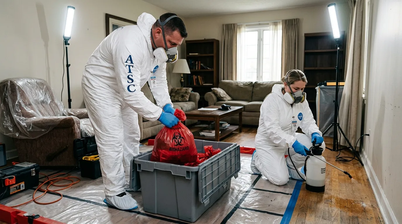 Professional Unattended Death Cleanup technician in full PPE working in Paradise Valley